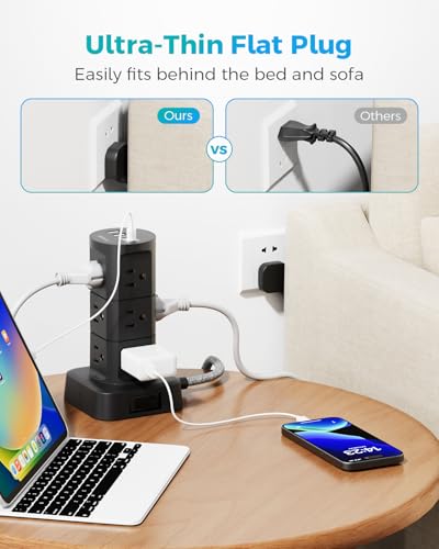 Charging Station Tower, 10Ft Power Strips with Surge Protection, Flat Plug - color: Black, size: 10 FT