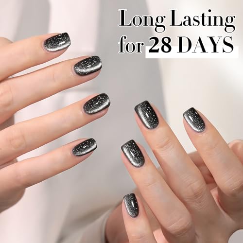 Double Rhythm Jelly Glass Cat Eye Gel Polish with Magnet 15ML Holographic Glitter Shimmer Translucent Sheer Color Magnetic Nail Polish Salon DIY at Home (Black Glitter-MC1061) - color: Black Glitter