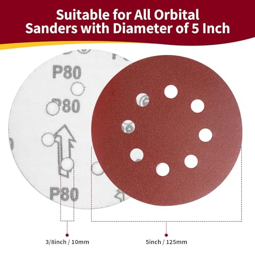 5 Inch 8 Hole Sanding Discs Hook and Loop, 20 PCS 80 Grit Round Sand Paper Disc (80 Grit) - size: 5 Inch