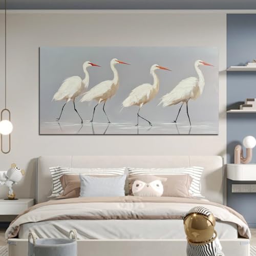 SSNEEKNDG White Heron Wall Art Bird Painting Animal Texture Artwork 29"x58" - size: 29"L x 58"W