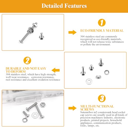 565 Pieces M2 Screws Nuts Washers Set, Sutemribor M2 x 4/6/8/10/12/16/20mm Countersunk Head Socket Cap Screws Nuts Washers Assortment Kit, 304 Stainless Steel, Fully Threaded - size: M2, style: Countersunk Head Socket Cap