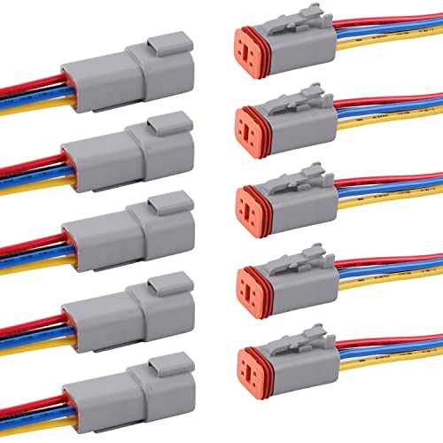 Deutsch DT 4 Pin Connector 5 Sets - 4 Way DT Automotive Waterproof Male Female Plug Wiring Harness for Car, Truck, Boats, LED Work Light, 16 AWG. (5 Sets 4 Pin, Grey) - size: 4-pin