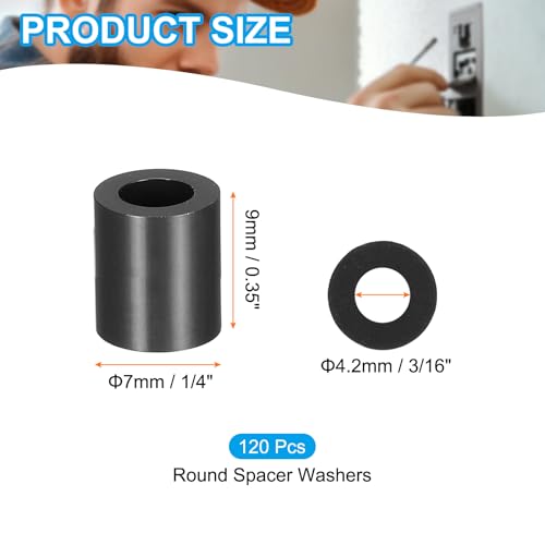 PATIKIL 120Pcs ABS Spacers 4mm ID, 7mm OD, 9mm Height Plastic Round Stud Spacer Black Nylon Washers Nut Unthreaded Rubber for M4 Screws Bolts Barrel - size: 4mm ID, 7mm OD, 9mm Height