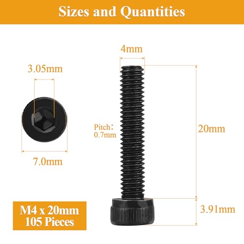 105 Pieces M4 x 20mm Socket Head Cap Screws, Thread Pitch 0.7mm, Sutemribor M4 Black Screws, 12.9 Grade Alloy Steel, Black Oxide Finish, Fully Threaded - size: M4 x 20mm, style: Socket Head