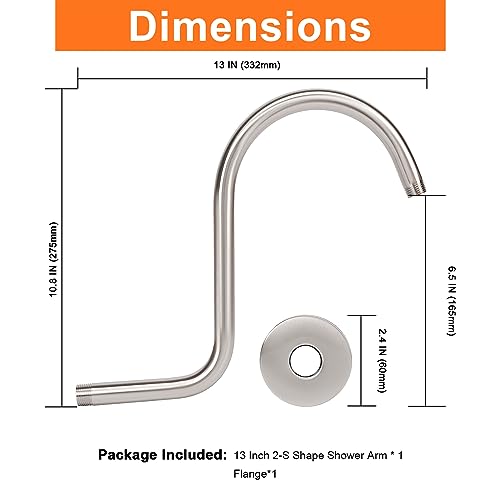 S Shaped Shower Arm, High Rise Shower Head Extension Pipe Standard 1/2" Connection with Flange, Awesome Shower Experience-Stainless Steel Bathroom Accessory(13 Inch 2-S Shape, Brushed Nickel) - color: Brushed Nickel, style: 13" 2 Shape