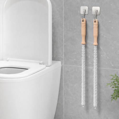 2 Pack Drain Cleaning Brush, 17 Inch Flexible Drain Cleaner Tool with Wooden Handle, Sink Brush with Nylon Bristles for Hair Clogs, Shower, Bathroom Tub, Kitchen Sink, Overflow Hole