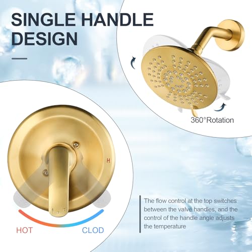Shower Faucet with Valve, Bathroom Shower Faucet Kit, Solid Brass Shower Head Faucet Set Complete, Single Handle Rain Shower Head Trim Kit for Bathroom, Brushed Gold - color: Brushed Gold