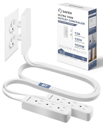 Saker Dual 8ft Flat Extension Cord Outlet Cover, 3 Outlets, White - style: dual 8ft