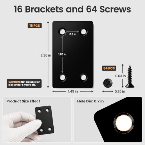 16 Pcs Metal Flat Straight Brace Brackets, Black Flat Stainless Steel Mending Plates for Wood Tables, Cabinets, Furnitures, Fences, 2.4 x 1.5 Inch Joining Fixing Brackets