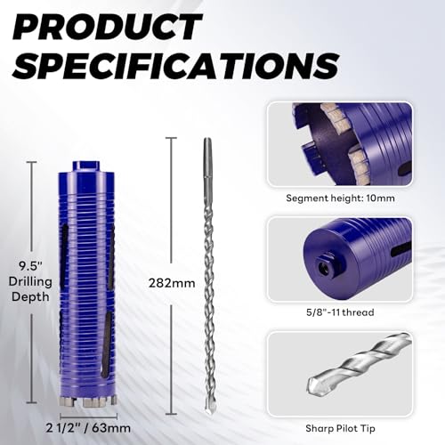2-1/2" Core Drill Bit with Pilot Bit & Adapters(SDS Plus and 1/2" Hex), 5/8"-11 Thread, 9.5" Depth, Upgraded-Welded Segments Diamond Core Bits for Concrete, Masonry, Brick Block - size: 2-1/2"