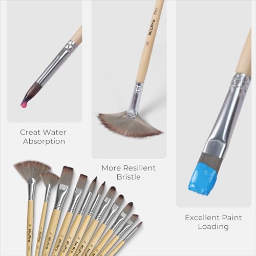 Nicpro 32pcs Paint Brush Set, Acrylic Paint Brushes, Professional Artist Series with Paint Spatula and Cloth Roll, Paintbrushes for Oil, Acrylic Canvas Paintings, Watercolor, Art Supplies - color: Beige