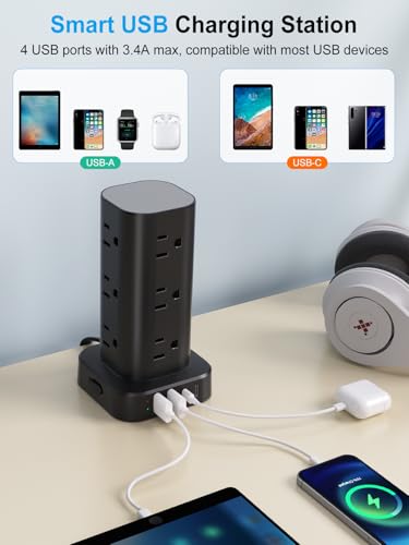 6FT Power Strip Tower with Wireless Charger,Surge Protector with 12 Outlets - color: Black, size: 6FT with Wireless Charging