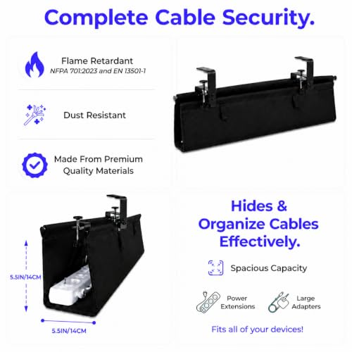 Under Desk Cable Management Tray 36", No Drill Clamp-On Design, Premium Oxford Fabric Cord Organizer Hides Power Strip & Messy Wires, Ideal for Home Office & Gaming Desk