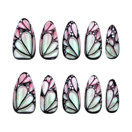 3D Butterfly Wing Press On Nails Almond - 24PCS Pink Iridescent Medium Fake Nails with Design, Glossy Reusable Stick On Nails for Women, Cute Nail Art for DIY, Party, Daily Wear - color: 12-Enchanted Rhythm Wing