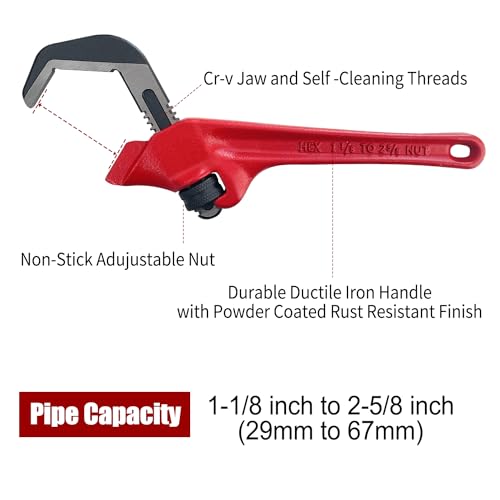 9-1/2 Inch Offset Hex Adjustable Pipe Wrench, CR-V Hook Jaw, 1-1/8 to 2-5/8 Inches