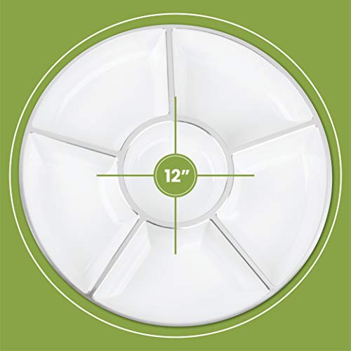6 Sectional Round Plastic Serving Tray/Platters White W Silver Rim Pack of 2 - color: White & Silver
