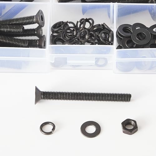 200 PCS M5 x 30mm 35mm 40mm 45mm 50mm, Flat Head Hex Socket Cap Screws Countersunk Bolts Washers Nuts Assortment Kit, 10.9 Grade Alloy Steel, Black Oxide Finish, Metric Allen Drive - size: M5x30/35/40/45/50 mm