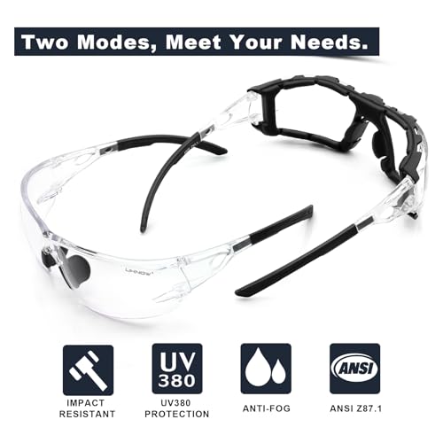 UKNOW Safety Glasses - Anti Fog Wraparound Lenses - Removable Foam Gasket - ANSI Z87.1 Protective Eyewear - Impact Resistant - color: Black