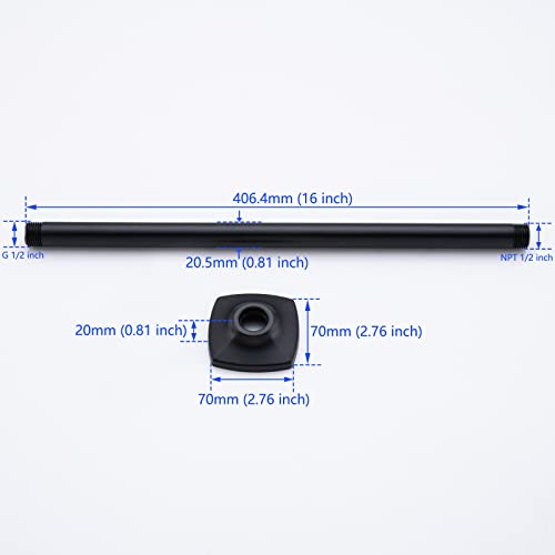 Shower Arm with Flange 16 Inches Ceiling Mount Replacement Rain Shower Head Straight Arm Ceiling-Mounted High Pressure Rain Matte Black,SW-91038-16MB. - color: R-angle Square Flange-16" Matte Black