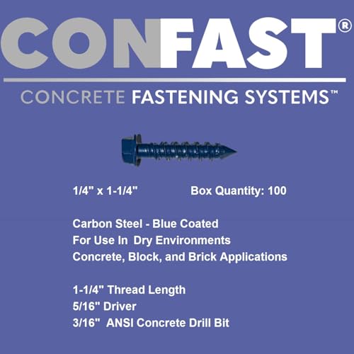 CONFAST 1/4" x 1-1/4" Hex Head Concrete Screw Anchor with Drill Bit for Anchoring to Masonry, Block or Brick (100 per Box) - size: 1/4" x 1-1/4"