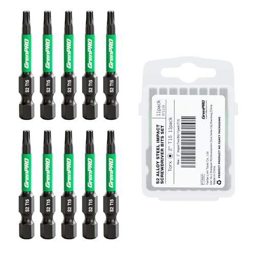 GRENPRO 11Pcs Impact Torx Bits T15, 2" S2 Steel Magnetic Screwdriver Bits - size: T15(2"*11pcs)