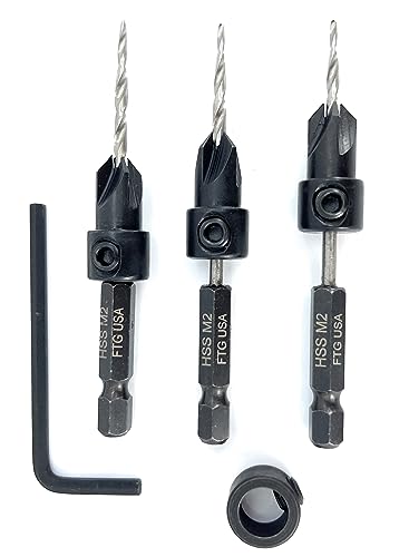 FTG USA #4 (7/64") Wood Countersink Drill Bit 3-Pc Set with 3/8" Depth Stop - size: #4, style: 3 Pc with Depth Stop