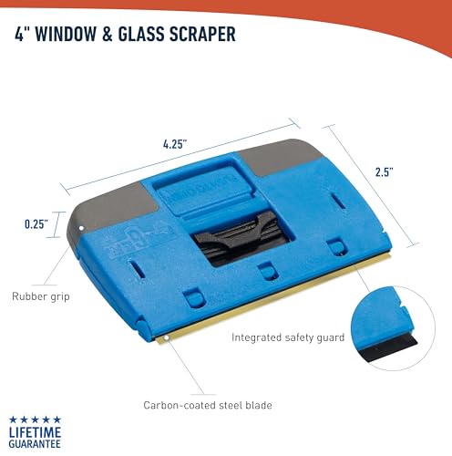Unger Professional Compact 4” Window and Glass Scraper, Reversible Razor Blade Tool with Retractable Safety Guard, Use for Residue, Stickers, Glue, and Paint on Smooth Surfaces