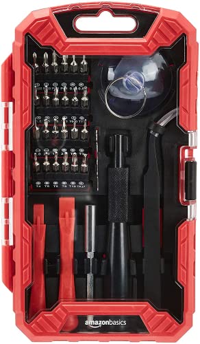 Amazon Basics Precision Screwdriver Set, 32-Piece Electronics Repair Tool Kit for Laptops, Smartphones, Eyeglasses, Watches, Magnetic Tip, Red