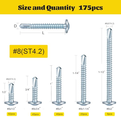 175PCS Self Tapping Screws Assortment Kit, #8 x 1/2'', 3/4'', 1-1/4'', 1'', 2'' Modified Truss Head Sheet Metal Screws,Self Drilling Screw for Metal Wood Plastic,Galvanized Steel - size: 175pcs #8 Blue