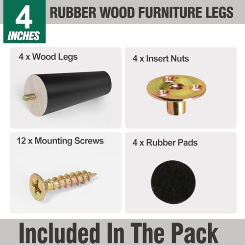 FoDau770 Rubber Wood Legs 4", Straight Taper, 5/16"-18 Thread, Black, 4pcs | Wood Couch legs - Mid Century Sofa Legs - Furniture legs Replacement for Cabinet Dresser Chair Ottoman - color: Black, size: 4 Inch - Straight (90°)