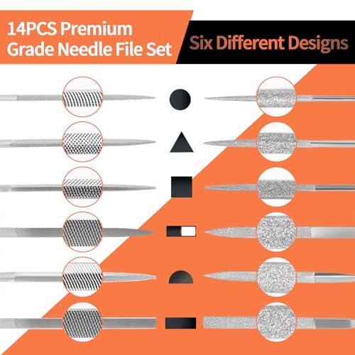KUZURYU 14PCS Needle File Set - Small Diamond Files with 6 Jeweler's Files & 6 Steel Files （150mm）for DIY, Jewelry, Plastic, Wood & Metal Crafting – with Storage Bag & Steel Brush - size: Needle File-14PCS