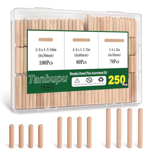 250Pcs Wood Dowels Kit 1/4", Wooden Dowel Pins, Fluted Wood Dowels Rods for Crafts, Furniture, DIY Manual - size: 3 sizes -250pcs