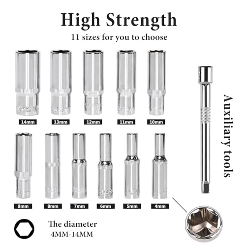 Egofine 13PCS 1/4" Drive Deep Socket Set,Metric(4-14MM),6-Point, Cr-V Steel - color: 13pc Deep Socket Set, size: 1/4