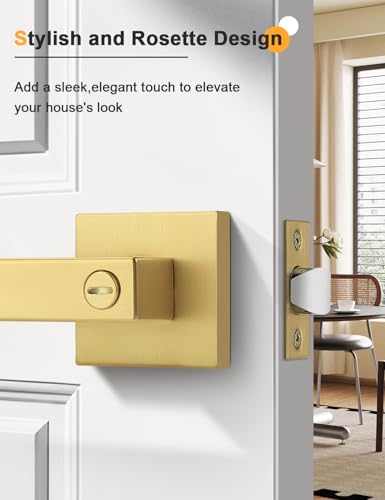 Gobrico 1 Pack Heavy Duty Gold Square Privacy Interior Door Levers, Satin Brass Finish, Bedroom and Bathroom Door Handles Keyless Bed/Bath Lockset - color: Brushed Gold