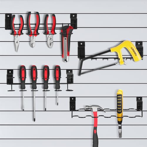 8 Pcs Slatwall Screwdriver Holders Stainless Steel Slat Wall Hooks Slat Boards Organizer Shelving Display Tool Rack Multi Ring for Workbench, Garage Tool Storage