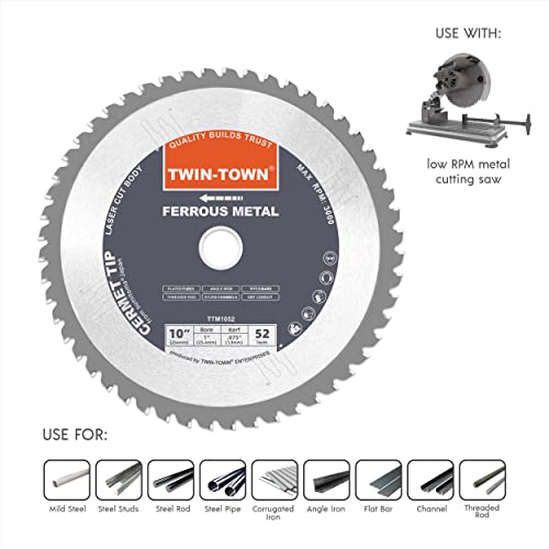 TWIN-TOWN 10-Inch 52 Teeth Dry Cut Steel and Ferrous Metal Cermet Saw Blade with 1-Inch Arbor - size: 10" 52T medium steel