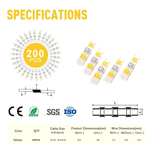Kuject 200PCS Solder Seal Wire Connectors AWG 12-10, Yellow Solder Seal Heat Shrink Butt Connectors Terminals Solderstick Sleeve Waterproof Wire Splice Connector for Marine Boat Wire Joint - size: AWG 12-10 Yellow