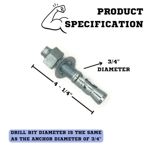 MIGHTY FASTENERS Zinc-Plated Steel Wedge Anchors, 3/4" X 4-1/4" - Heavy-Duty Mounting Bolts for Concrete - 50 Pack - size: 3/4" X 4-1/4"