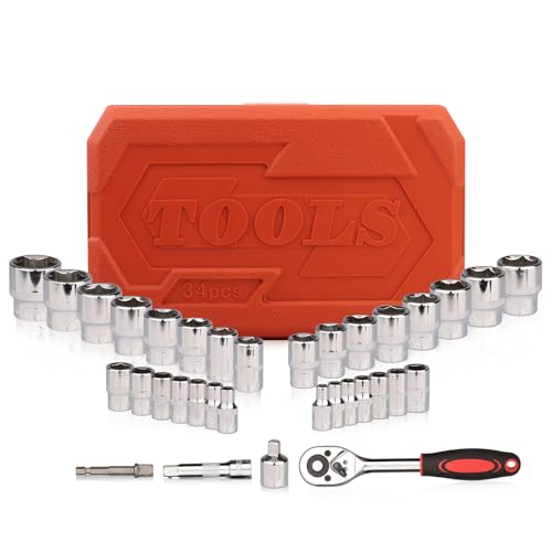 Egofine 34 Pieces 3/8 inch Drive Socket Ratchet Wrench Set, with Socket Set Metric/SAE and Extension Bar for Auto Repairing and Household, with Storage Case - color: Chrome