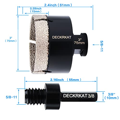 Diamond Hole Saw, 3" Hole Saw for Tiles Granite Marble Ceramic Glass Porcelain, 75mm Core Drill Bit with 5/8-11 Thread and 3/8” Hex Shank Adapter for Angle Grinders & Drills - size: 3"(75mm)