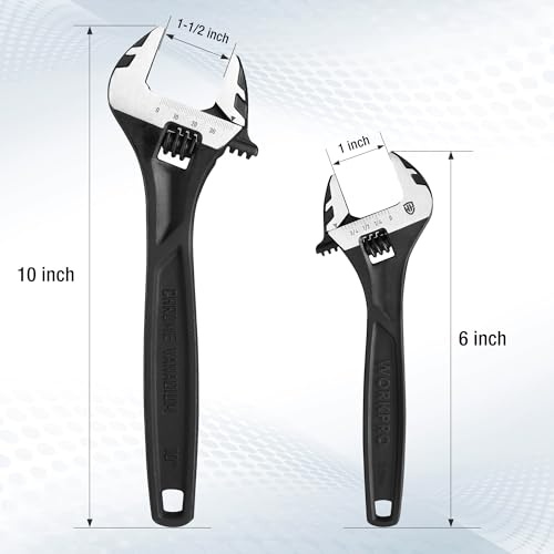 WORKPRO 2-Piece Adjustable Wrench Set, 6" & 10", Cr-V Steel, Black Oxide - color: Black, size: 6 & 10 inch