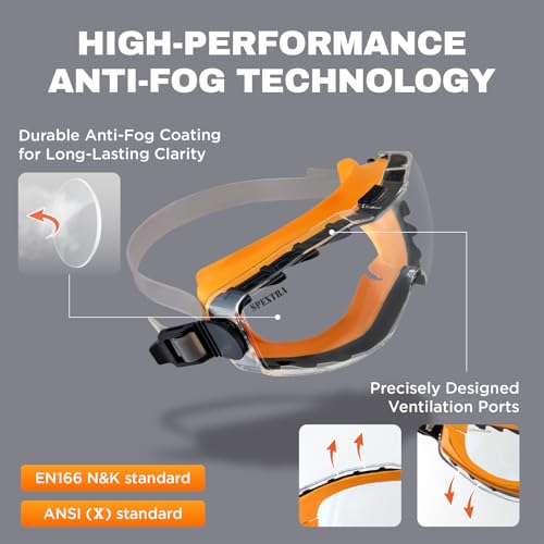 SPEXTRA Safety Goggles Over Glasses Anti-Fog Clear Lens, ANSI Z87.1 Impact Resistance, UV Protection, Lab Chemistry Goggles with Adjustable Headband, Quick-Adjust Buckle, Eyewear for Men Women