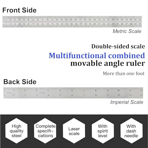 Combination Square Ruler Horizontal Square Multi-Function Carpentry Squares | 90 Degree Angle Rulers Protractor Level Measuring Set, Adjustable Sliding Woodworking Tools Inch/Metric(12"/30cm)