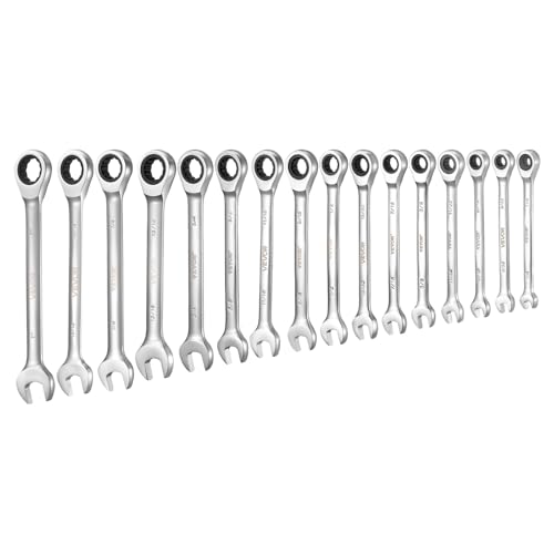VEVOR Combination Wrench Set, 16-Piece SAE Sizes, 72 Teeth, Cr-V Steel Ratcheting Wrench Set, with Roll Up Pouch, Open End, Clear Size Labels, for General Household and Automotive Repairs, Silver - size: 16PCS (SAE), style: Regular