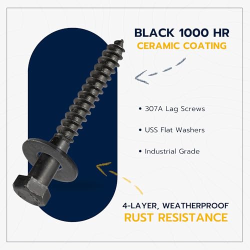 3/8 x 3 (50 Pack) Lag Screw Kit, 50 Screws and 50 Washers, Ceramic Black Ruspert Coating for Exterior Use, Meets ASTM A307 and ASME B18.2.1, Industrial/Commerical Grade by Makers Bolt - size: 3/8 x 3