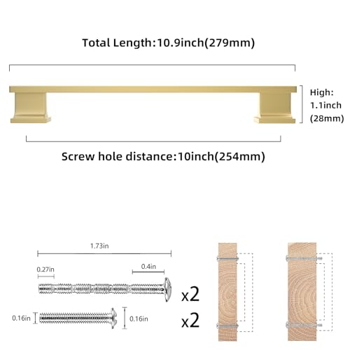 COTYKILEY 10 Pack 10 Inch(256mm) Brushed Gold Cabinet Handles Gold Kitchen Cabinet Pulls Cabinet Door Handles Kitchen Cabinet Hardware - color: Brushed Gold, size: 10" Hole Center（256MM）