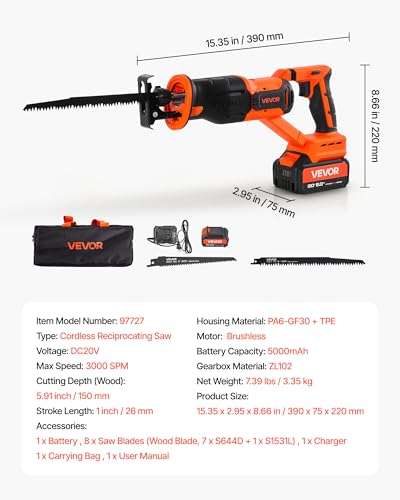 VEVOR 20V Brushless Reciprocating Saw, Cordless Reciprocating Saw with Battery, 3000 SPM Variable Speed, 1" Stroke Length Charger, 8 Blades, and Carrying Bag, for Wood, Metal and Plastic Cutting - size: 1-1/8 in-20V