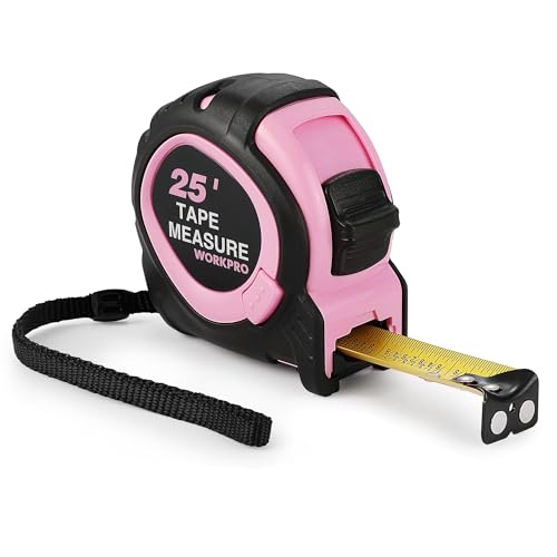 WORKPRO 25-FT Tape Measure with Fractions, 3 Brakes Retractable Measuring Tape, Compact Measurement Tape with Magnetic Hook, Nylon Coating Blade Accuracy 1/32”, Pink - size: 25-FT