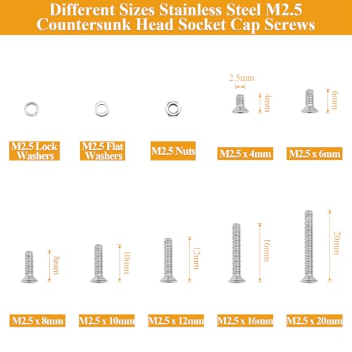 565 Pieces M2.5 Screws Nuts Washers Set, Sutemribor M2.5 x 4/6/8/10/12/16/20mm Countersunk Head Socket Cap Screws Nuts Washers Assortment Kit, 304 Stainless Steel, Fully Threaded - size: M2.5, style: Countersunk Head Socket Cap
