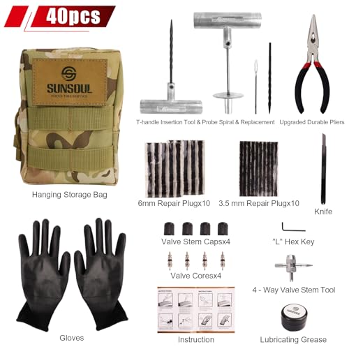 SUNSOUL Tire Repair Kit - 40PCS Heavy Duty Tire Plug Kit with Storage Bag, Universal Zinc Alloy Puncture Repair Tools for Car, Motorcycle, Truck, ARB, ATV, UTV, Tractor, RV, SUV, Trailer